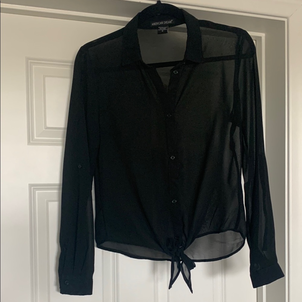 American Dream Sheer Black Button Down Tie Front Shirt